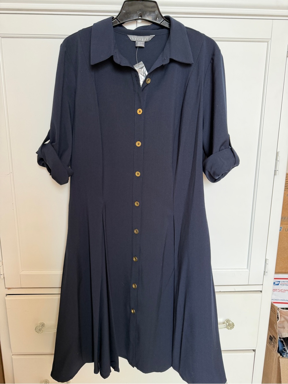 Sharagano Navy Button-Front Midi Shirt Dress- NWT
